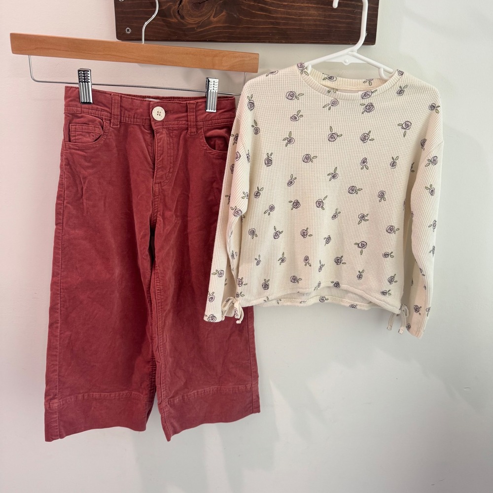 Zara Kids Floral Waffle Knit Top and Rose Velvet Wide Leg Pant Set Size 4-5 110